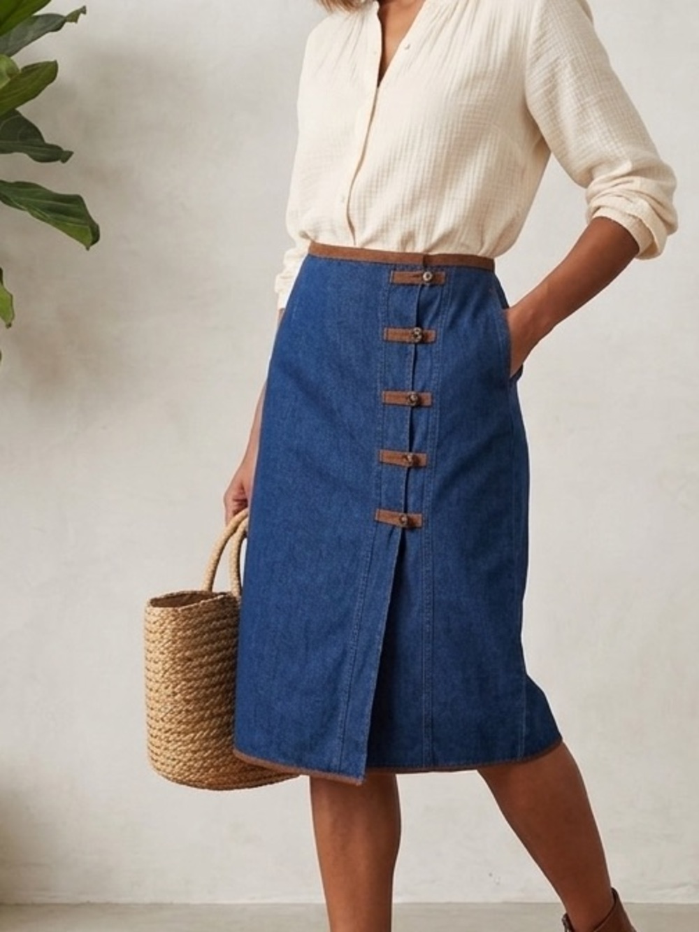 Sun River Denim Blue Jean Skirt with Brown Faux Suede Accents, Size Large Midi